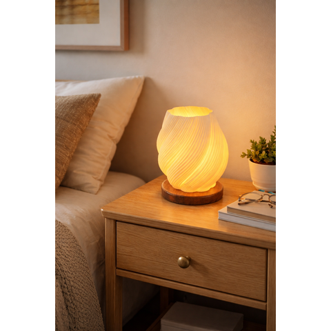 Luminária de Mesa Flora Base de Madeira Teca Acetinada 3cm Espessura