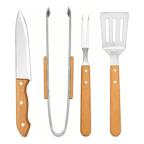 Kit Churrasco 4 Peças Inox com Cabo de Madeira e Estojo