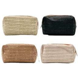 Necessaire Feminina de Palha Multiuso Viagem Bolsa Pequena Bege - 2