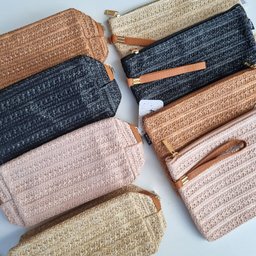 Necessaire Feminina de Palha Multiuso Viagem Bolsa Pequena Bege - 3