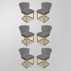 Kit 06 Cadeiras Flor Recepção Cinza - Base Ferro Dourado