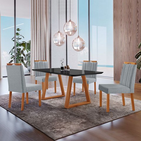 Conjunto Sala de Jantar Mesa Viena Madeira Maciça 140x80cm Tampo Retângular Vidro Preto com 4 Cadeir