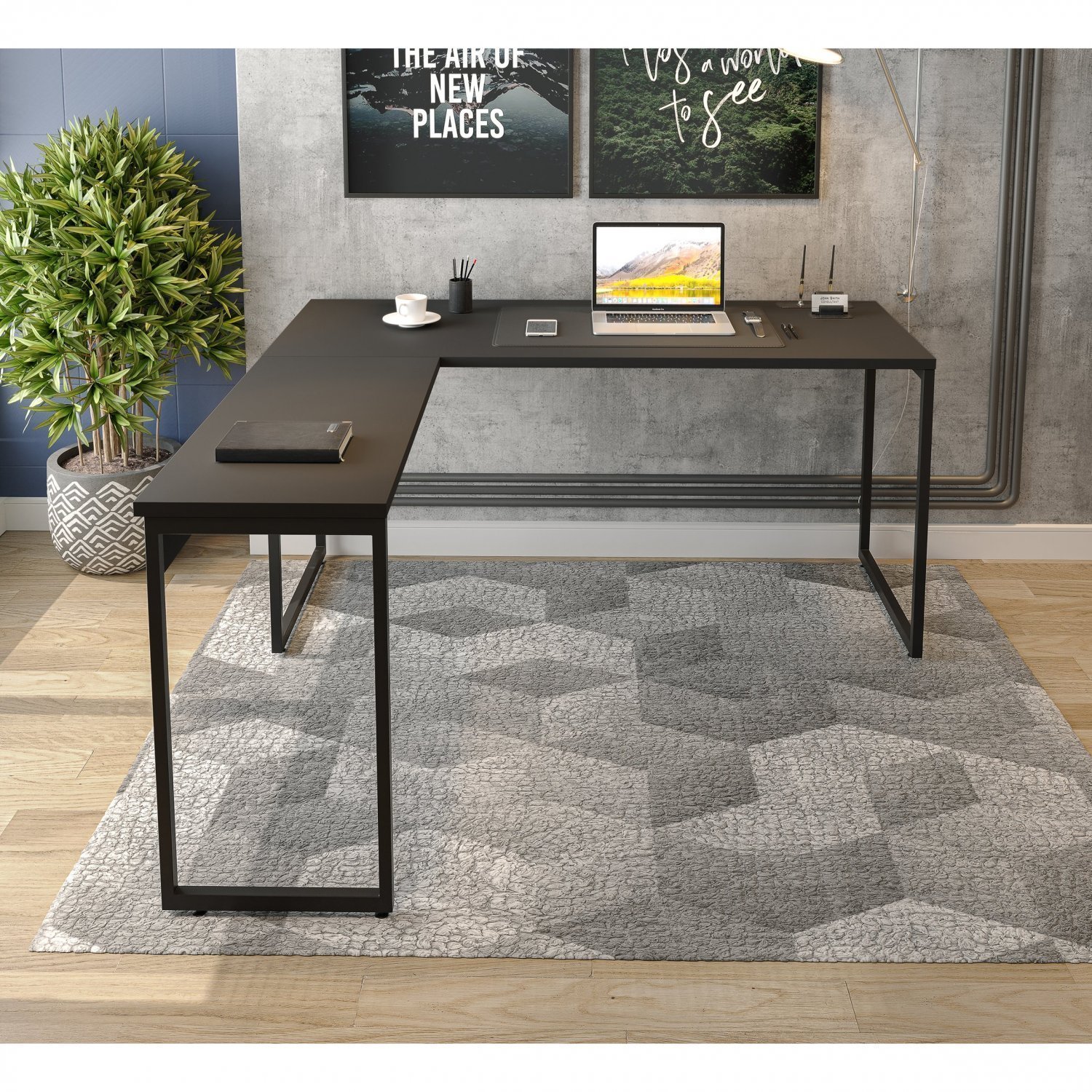 Mesa em L para Escritório Stock Móveis Linha Essencial Madeirado/Preto  150x150cm na Americanas Empresas