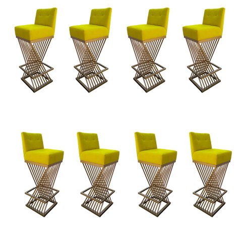 Kit 08 Banquetas Luma Base de Ferro Sued Amarelo - D'classe Decor