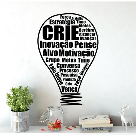 Adesivo de Parede Decorativo Frase Inovação e Ideias Lâmpada