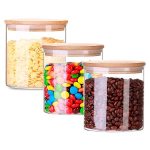 Kit de 3 Potes Herméticos Vidro Tampa Bambu 600ml U UNICA UNICA