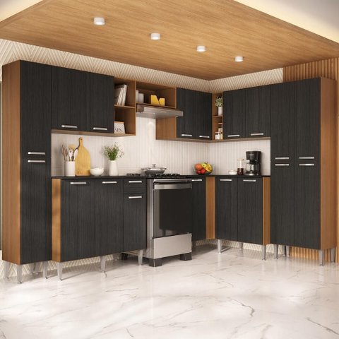 Armário Cozinha Modulada Completa de Canto 464cm Pequim Pop Multimóveis Mp3772 Madeirado/preto