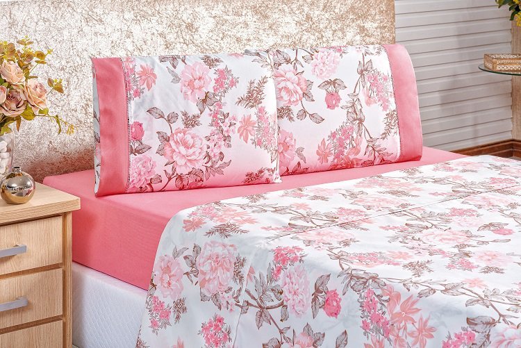 Jogo de Lençol Naturale Casal 4 Peças Estampado Floral Coral
