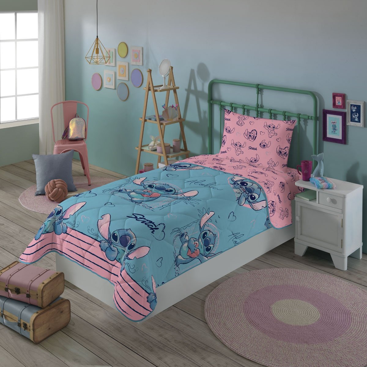 Jogo de Lençol Cama Solteiro Menina Stitch Elastico 3 Peças