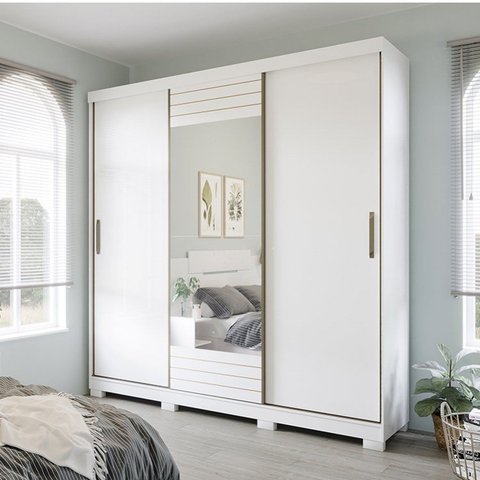Guarda-Roupa Casal 3 Portas de Correr com Espelho e Pés 199cm 100% MDF Roma Espresso Móveis Branco