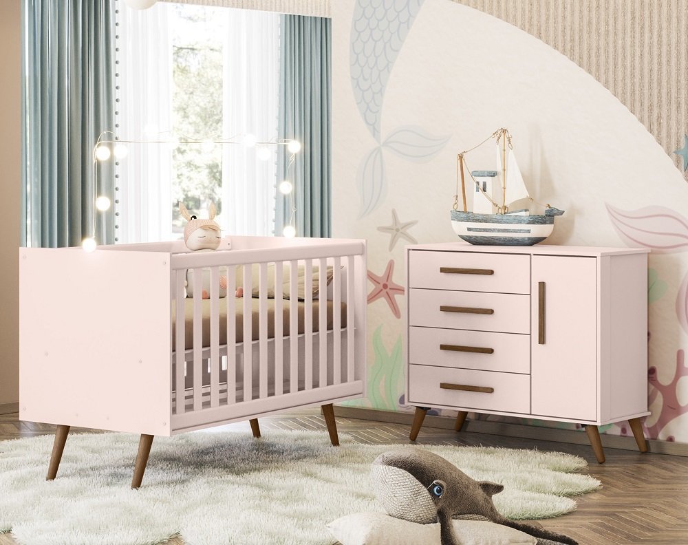 Quarto de Bebe Berço e Cômoda Q Encanto Retrô Rosa Qmovi - 1