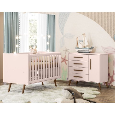 Quarto Infantil Retro Qencanto com Cômoda  e Berço Rosa - Qmovi