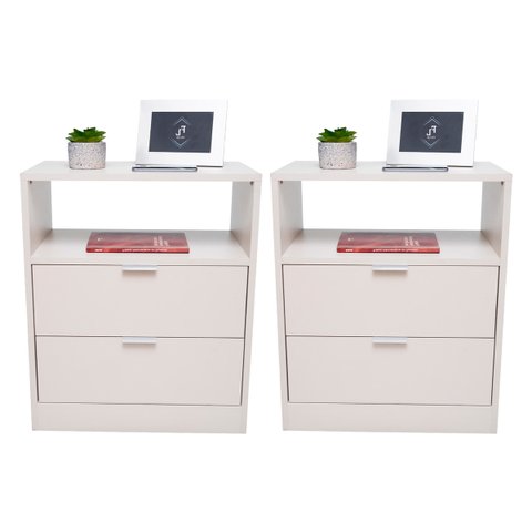 Kit 2 Mesas de Cabeceira Off-white com 2 Gavetas e Nicho Mesinha Quarto Lateral da Cama Estilo Cômod