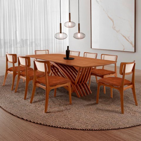 Conjunto Sala de Jantar Mesa Venus Tampo 220cm Laminado Barril e 8 Cadeiras Viena