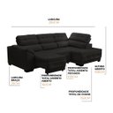Ver imagem 2 de Sofá Canto Chaise Luiza 5 Lugares Retrátil Reclinável 250Cm Mola Bonnel Pillow Veludo Preto - SóSofá