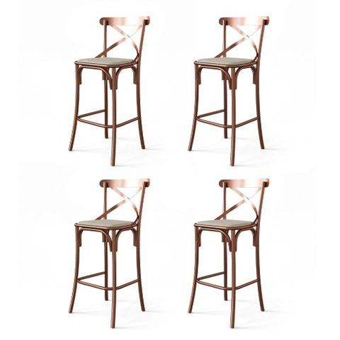 Conjunto 4 Banquetas X em Aço Cobre com Encosto Vazado e Corano para Bancada Gourmet Home - Bege