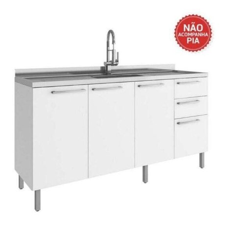 Balcão Pia p/Cozinha 160cm 3 Portas 3 Gaveta Branco