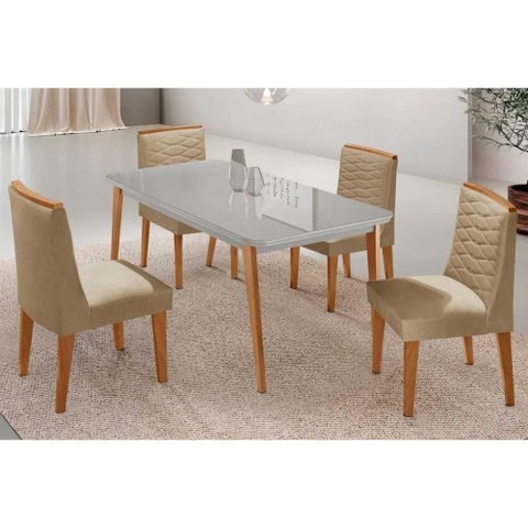 Conjunto Sala de Jantar Havana C/ Tampo Madeirado C/ Vidro Canto Curvo 120x80cm e 4 Cadeiras