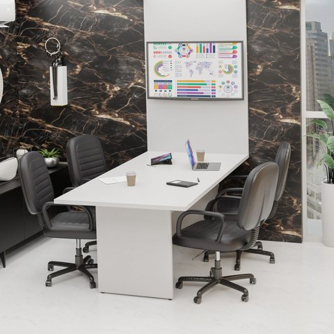 Mesa de Reunião com Painel Tv 2mx1m Escritório Office Netmobil - Branco