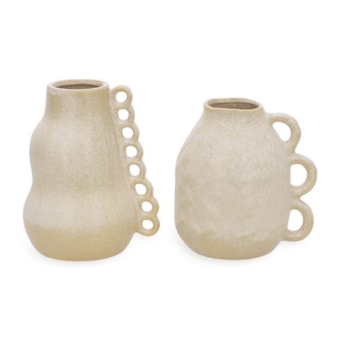Kit Vasos Decorativos em Cerâmica Bege com Alça Escultórica