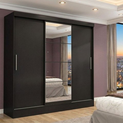 Guarda Roupa Casal com Espelho 3 Portas 2 Gavetas Istambul Espresso Móveis Preto