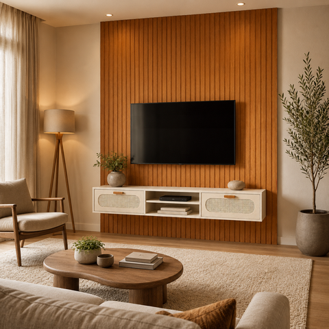 Rack com Painel Ripado TV até 75" 180cm Suspenso MDF Sala de Estar Quarto Estela Madeira:Off White/N