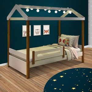 Cama De Casinha Montessoriano Infantil Com Led Eliz Branco Mel Divaloto