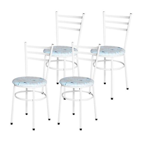 Conjunto 4 Cadeiras Epóxi Branca para Cozinha Assento Estampado Floral Areia