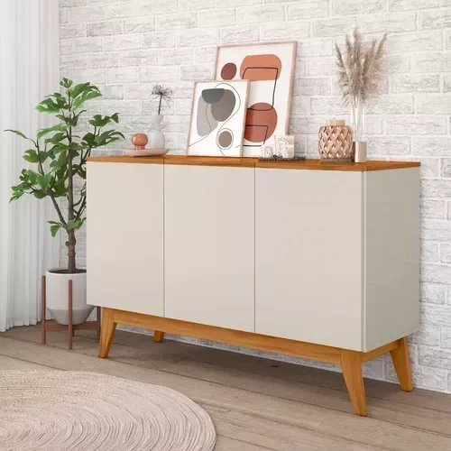 Aparador Armário Buffet Ares Lux 3 Portas C/ Base Em Madeira Off White - 2