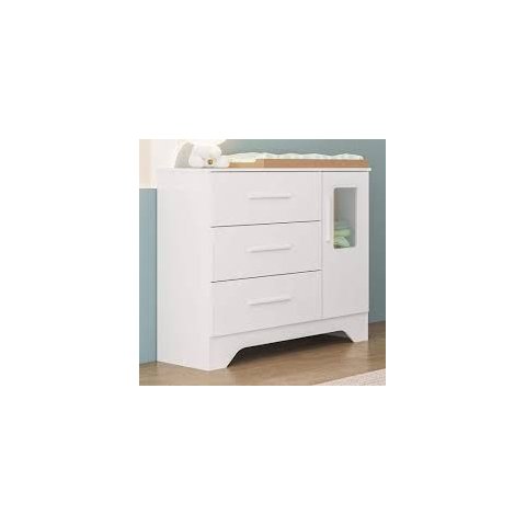 Cômoda Infantil Popy Retrô Peroba Branco 3 Gavetas 1 Porta