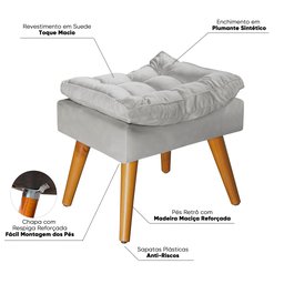 Puff Sênior Luxuoso Banco Apoio Pés Almofadado Penteadeira:cinza Suede - 4