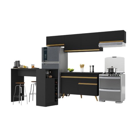 Armário de Cozinha Modulado com Bancada Veneza Multimóveis Mp2212 Preto/dourado