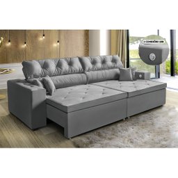 Sofá USB, 5 Lugares SMART Retrátil, Reclinável 3,02 Metros com Carregador e 2 Puffs Cinza - 2