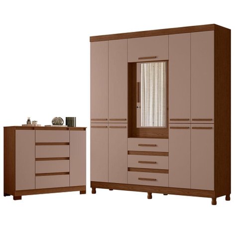 Guarda Roupa Casal New Fusion 10 Portas e Cômoda Sapateira Atena Nogueira Capuccino - Móveis