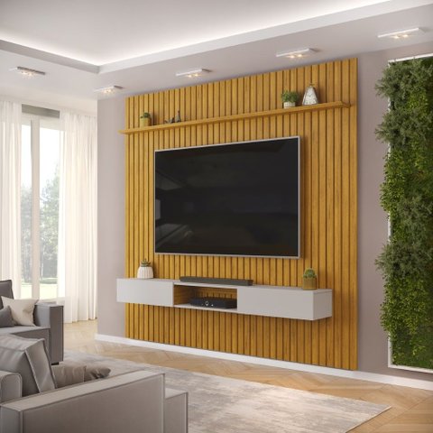 Conjunto com Painel Ripado e Bancada Suspensa 250cm Trento para Sala de Estar Cedro Bali DJ Móveis