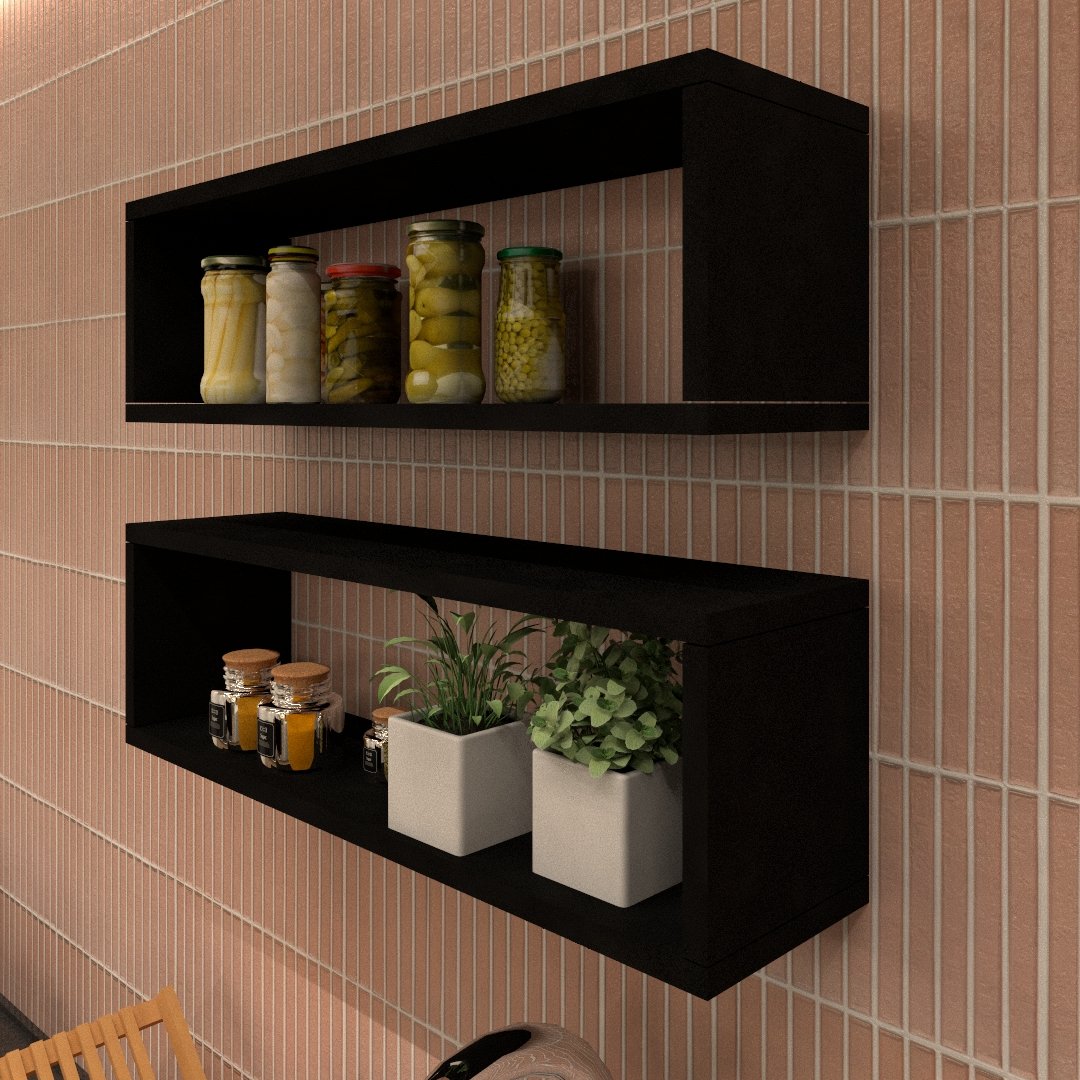 Par de Nichos Retangular P15cm Minimalista Preto Mdf Organizador Cozinha - Rufatto Decorações - 3