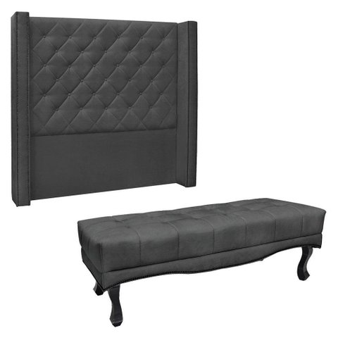 Kit Cabeceira e Calçadeira Recamier King 1,95m Suede Cinza