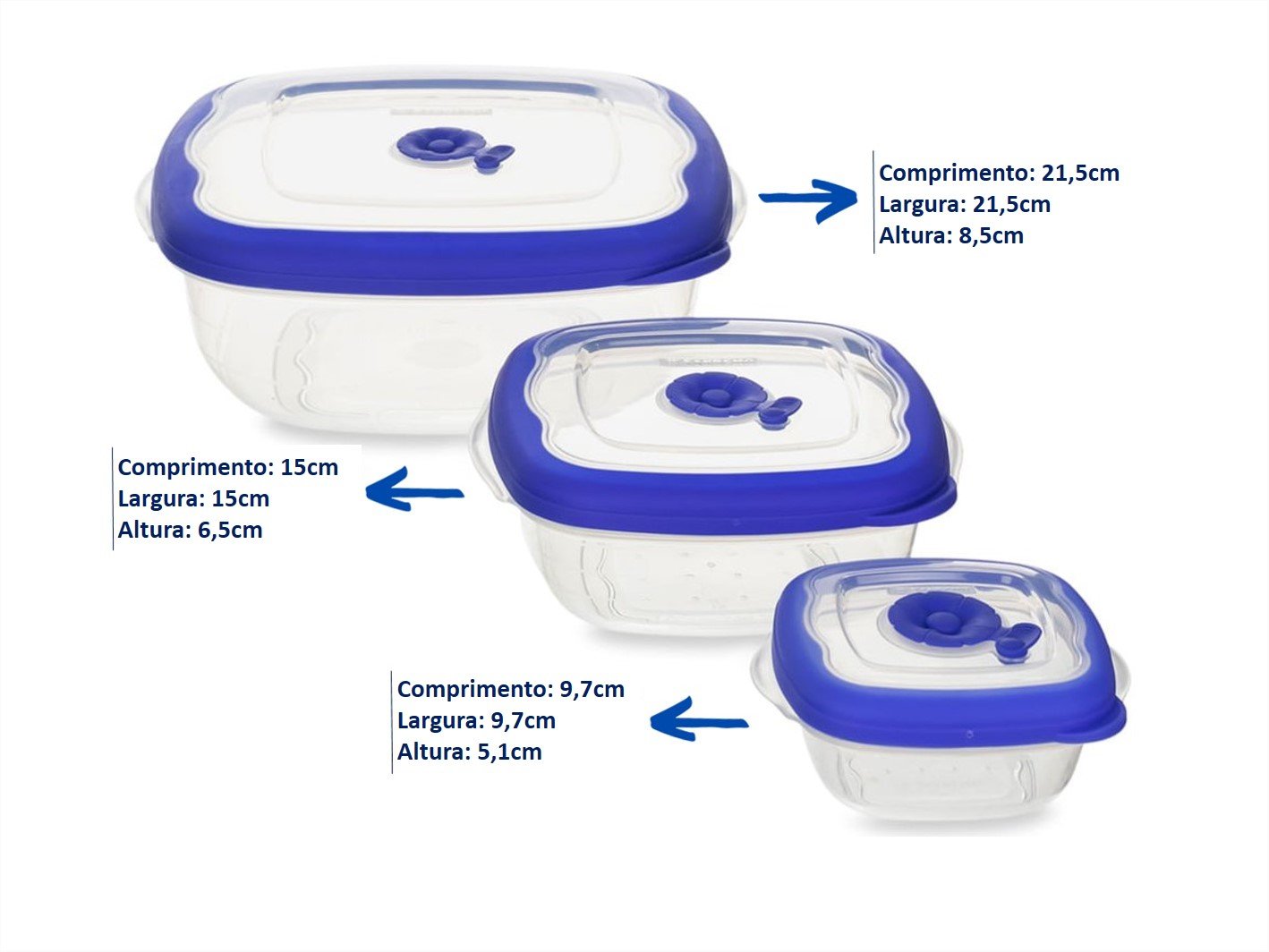 Kit 3 Potes Plásticos Herméticos BPA Free Sanremo Flor 1x280ml 1x920ml 1x2,7l Quadrado Azul - 2