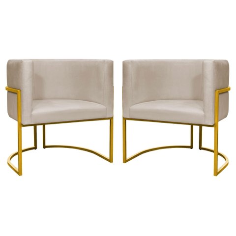 Kit 2 Poltronas Decorativa Malibu Base de Metal Dourada Escritório Recepção Sala Suede Bege do Lar M
