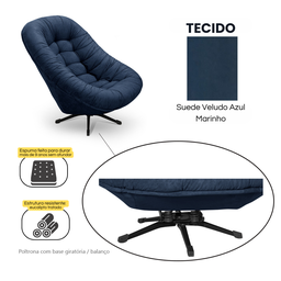 Poltrona Mônaco Giratória com Balanço Tecido Suede Veludo Azul Marinho - 5