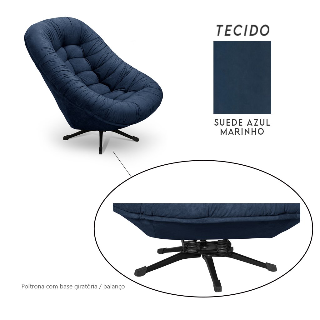 Poltrona Mônaco Giratória com Balanço Tecido Suede Veludo Azul Marinho - 5