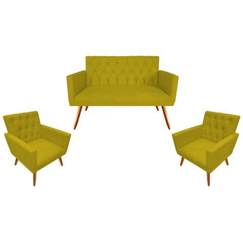 Kit Namoradeira + 2 Poltronas Decorativa Nina Capitonê Couro Amarelo Pés Madeira Mz Decor