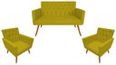 Ver imagem 1 de Kit Namoradeira + 2 Poltronas Decorativa Nina Capitonê Couro Amarelo Pés Madeira Mz Decor