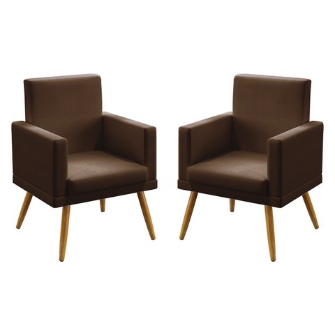 Kit 2 Poltronas Decorativas Estofadas Nina com Rodapé para Sala de Estar Couro Artificial Marrom Ara