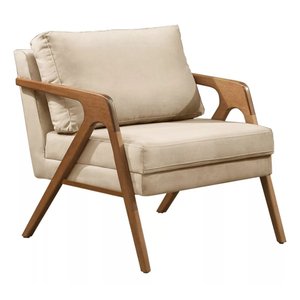Poltrona Mona Luxo Madeira Maciça Tecido Linho Bege Claro