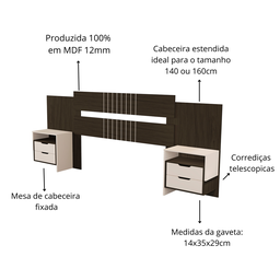 Cabeceira Box Luiza Ajustavel para Casal e Queen com Mesa de Cabeceira com Detalhes no Painel - 5