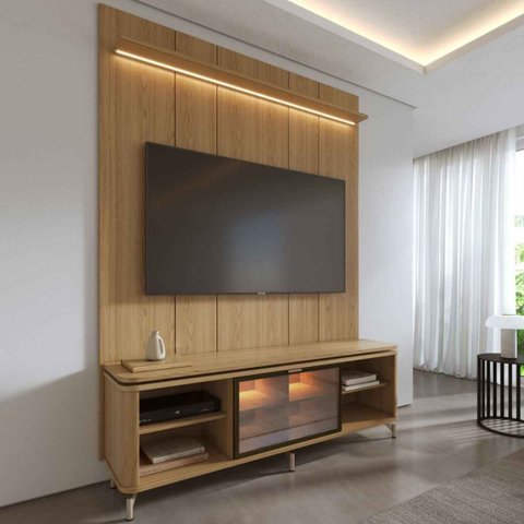 Rack com Painel para TV 75 Polegadas Vidro Reflecta 100% MDF LED Lincoln Float 178cm Carvalho
