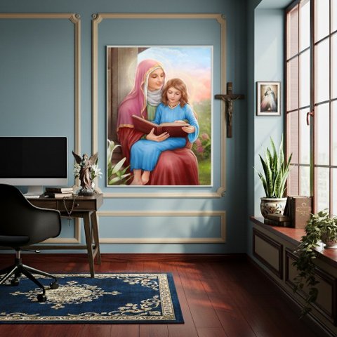 Quadro Decorativo Santa Ana e a Virgem Maria Menina -70x50cm:moldura Preta