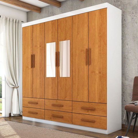 Guarda-roupa Solteiro Aria 6 Portas 6 Gavetas com Espelho Branco/cinamomo - Pnr Móveis
