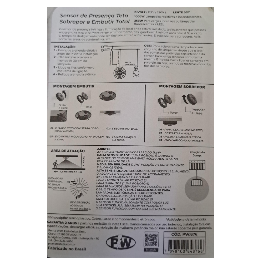 Sensor de Presença Teto Sobrepor Embutir Bivolt- Pw - 3